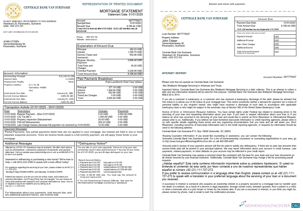 Suriname Centrale Bank Van Suriname bank mortgage statement in Word and PDF formats, 3 pages 1 2